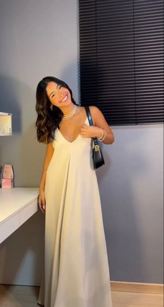Simple White V Neck Evening Dress White Maxi Dress Y7101
