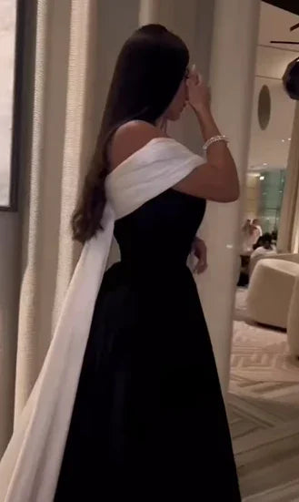 Luxury Black And White Satin Prom Dresses With Removable Tail Custom Made Cocktail Party Evening Dress Y5025