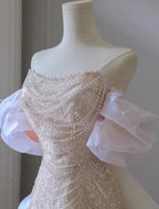 Pink A-Line Off-Shoulder Tulle Sequins Beaded Long Prom Dress Formal Evening Dress Y8050