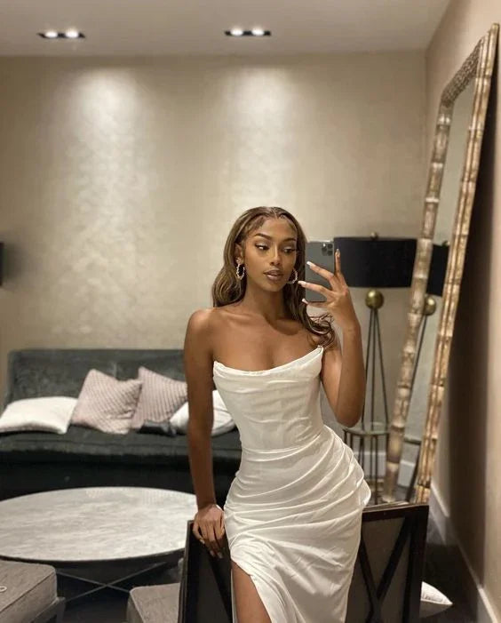 Elegant White Strapless Long Evening Dress White Formal Gown Y7287