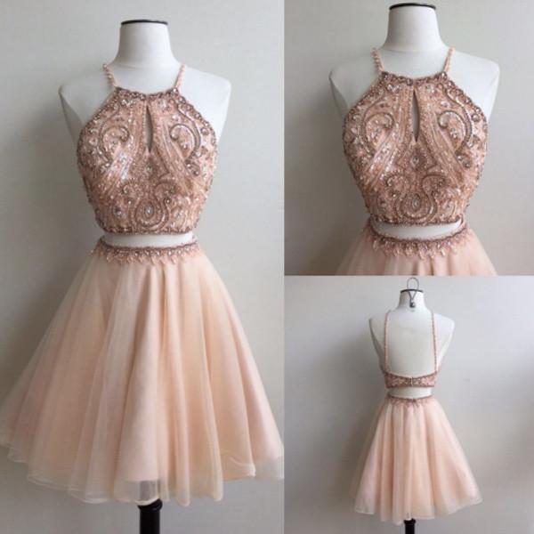 Cheap Two Piece Straps Homecoming Dresses, Short Prom Dress With Key Hole, MH170