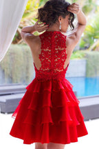 Red Lace Scoop Neck A-line Chiffon Tiered Homecoming Dress, Short Prom Dresses