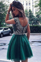 Green Beaded Tulle A-line Short Prom Dress, Homecoming Dresses
