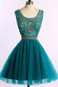 Green Beaded Tulle A-line Short Prom Dress, Homecoming Dresses