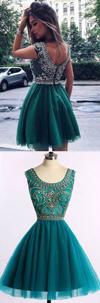 Green Beaded Tulle A-line Short Prom Dress, Homecoming Dresses