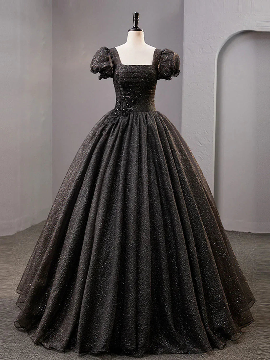 Black Square Neckline Tulle Long Prom Dress Shiny Black Evening Dresses Y4386