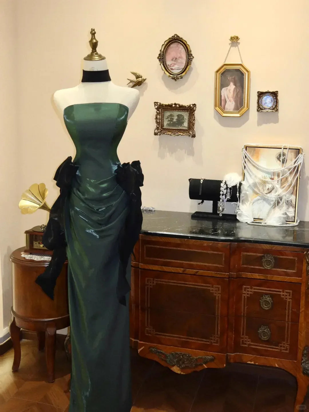 Vintage Green Strapless Long Mermaid Prom Dress Formal Satin Evening Dress Y8599
