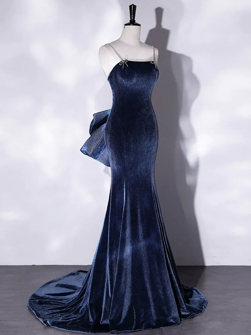 Mermaid Velvet Blue Long Prom Dresses Blue Velvet Long Evening Dress Y4387