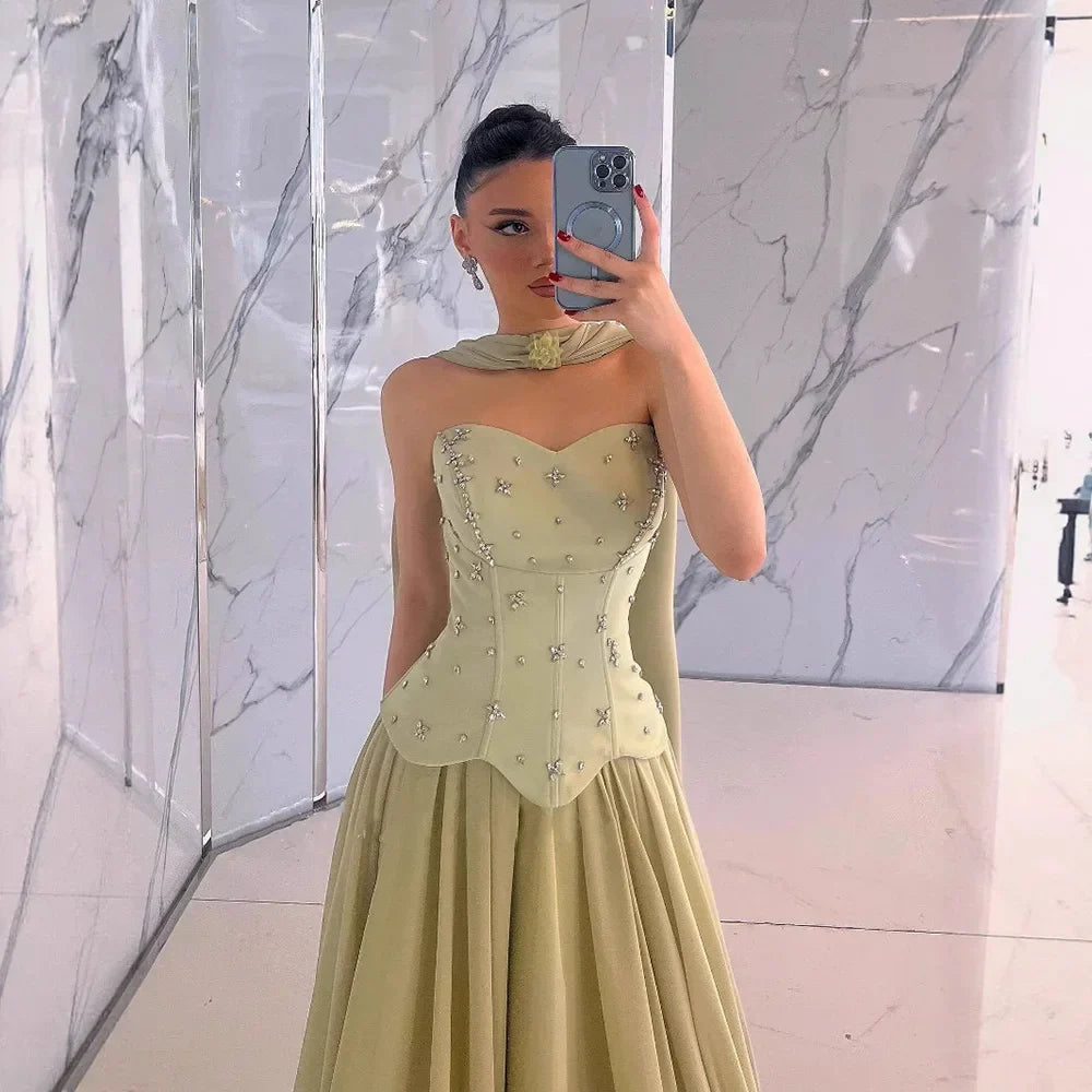 Classy Sage Green   A-Line Chiffon Evening Dress LA73073