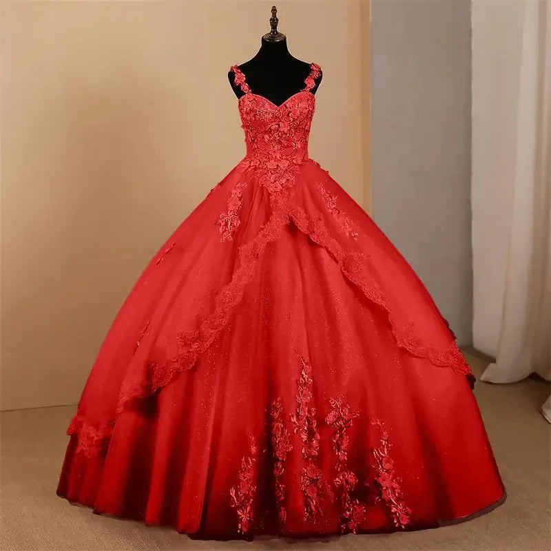 Custom Ball Gown Quinceanera Dress Spaghetti Straps Tulle Appliques Evening Gown