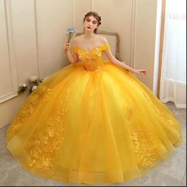 Luxury Gold Lace Quinceanera Party Dress Ball Gown 12 Colors
