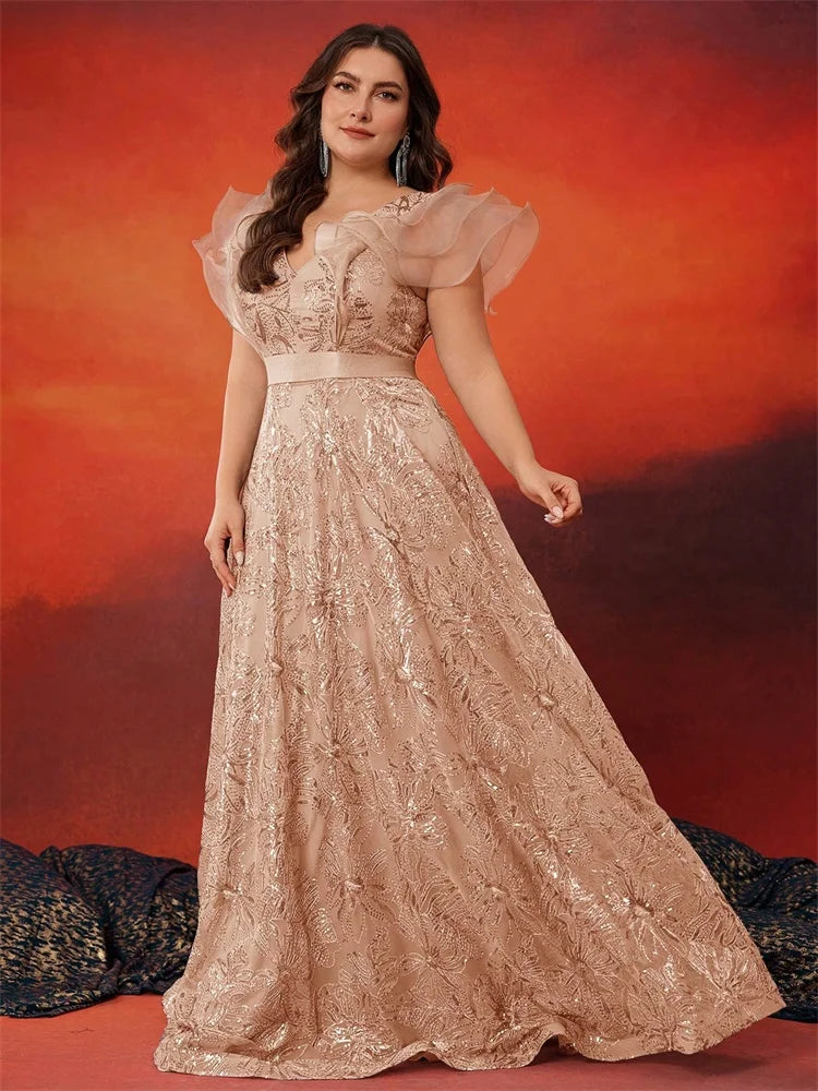 BLUEPLUM Plus Size Luxury V-Neck Grey Sequins Evening Dress Women Elegant V-back Wedding Party Long Prom Cocktail Dress Gowns