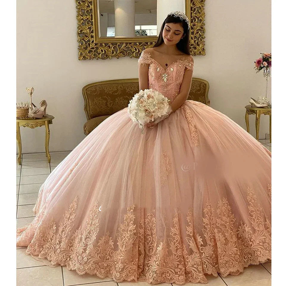 Customized Dresses 2026 Pink Off The Shoulder For Ball Gown Princess Appliques Tulle Birthday Party Dress Vestidos De 15 Años