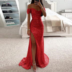 Women Mermaid Maxi Evening Dresses 2026 Elegant Off-Shoulder Sequin Split Formal High Waist Prom Dresses For Party Customized
