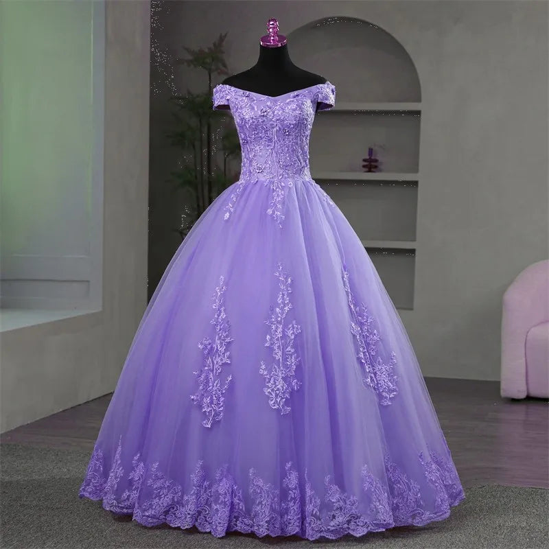 Off Shoulder Purple Quinceanera Dresses Sweet Flower Party Dress Luxury Appliques Ball Gown Real Photo Prom Dress Boho Vestidos