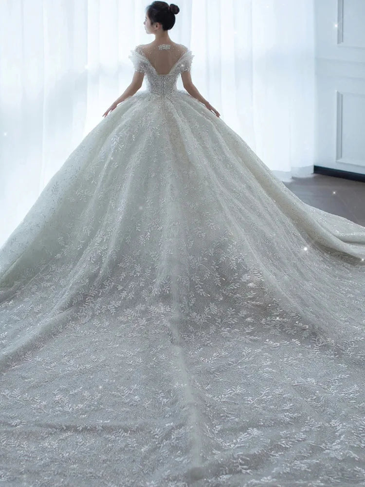 2025 Princess Sexy Luxury Crystal Beaded Wedding Dress Puff Tulle White Gown Bride Pregnant Women's High-end Gown with Trailing