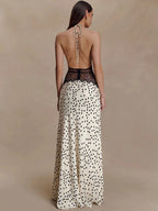 Mozision Polka Dot Backless Sexy Maxi Dress Women Gown Elegant Patchwork Lace Halter Deep V Neck Sleeveless Bodycon Club Dress