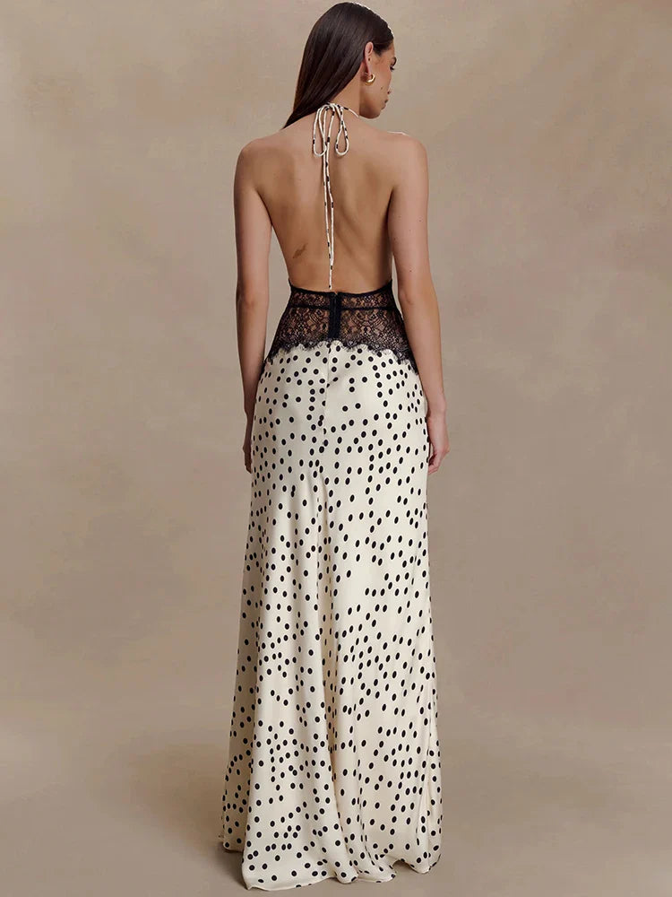 Mozision Polka Dot Backless Sexy Maxi Dress Women Gown Elegant Patchwork Lace Halter Deep V Neck Sleeveless Bodycon Club Dress