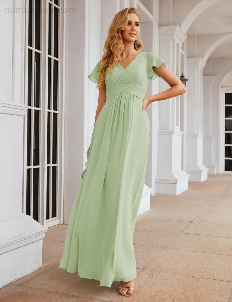 Chiffon Bridesmaid Dress Cap Sleeves Maxi Prom Gowns Party Wedding Mother of The Bride Dresses for Women SEA28047
