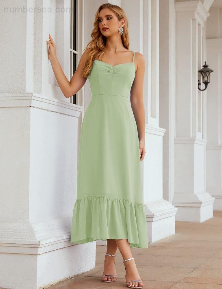 Spaghetti Strap Chiffon Bridesmaid Dress Ankle Length Formal A Line Cocktail Party Homecoming Dress for Juniors  SEA28028