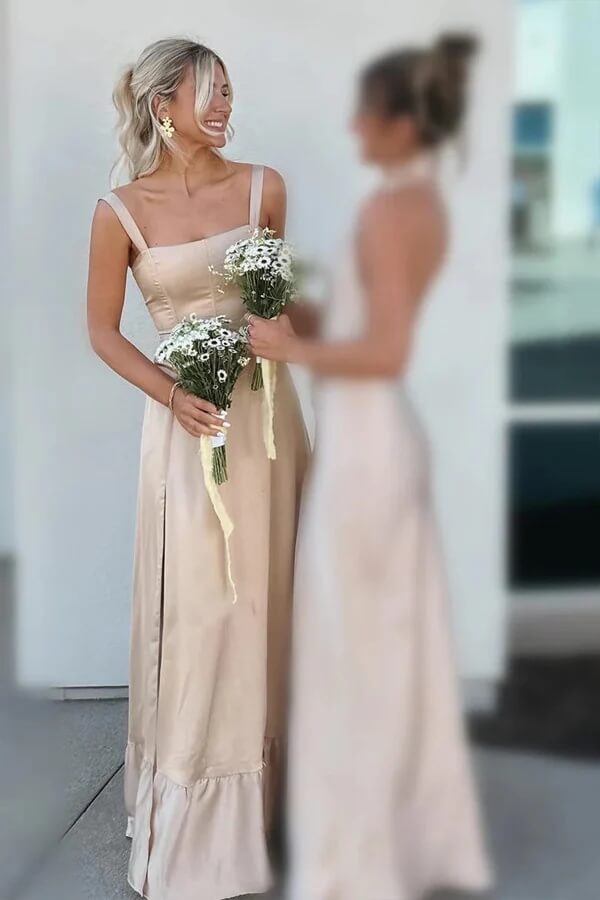 Satin A-Line Spaghetti Straps Lace Up Long Bridesmaid Dress With Slit