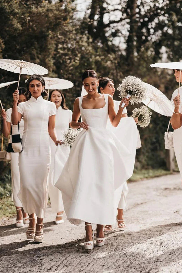 Satin A-Line Square Neck White Modest Wedding Dress