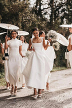 Satin A-Line Square Neck White Modest Wedding Dress