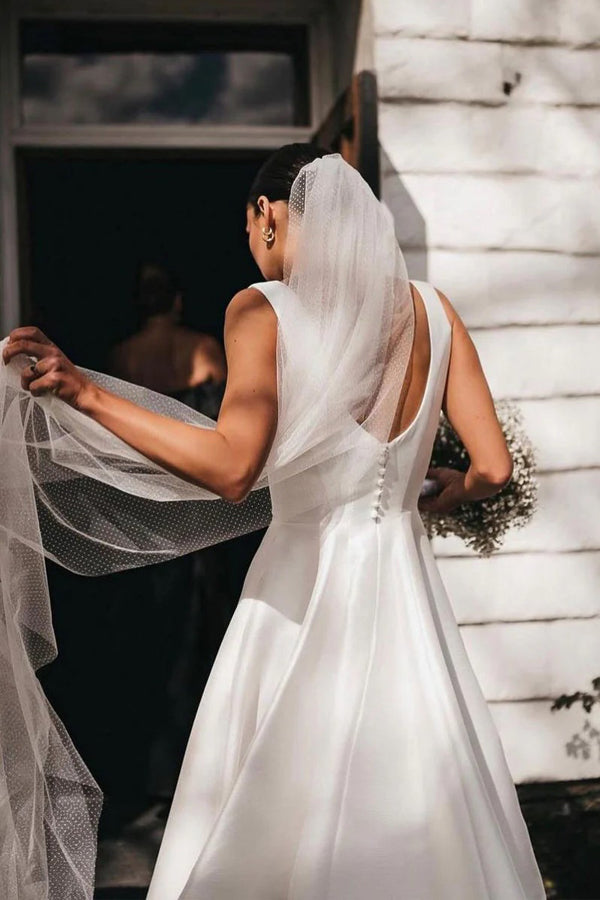 Satin A-Line Square Neck White Modest Wedding Dress