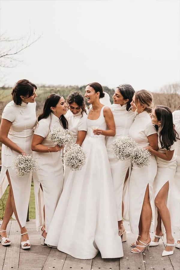 Satin A-Line Square Neck White Modest Wedding Dress