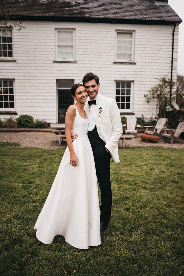 Satin A-Line Square Neck White Modest Wedding Dress