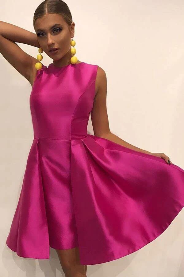 Satin A-line Round Neck Pleated Homecoming Dresses, Short Prom Dress