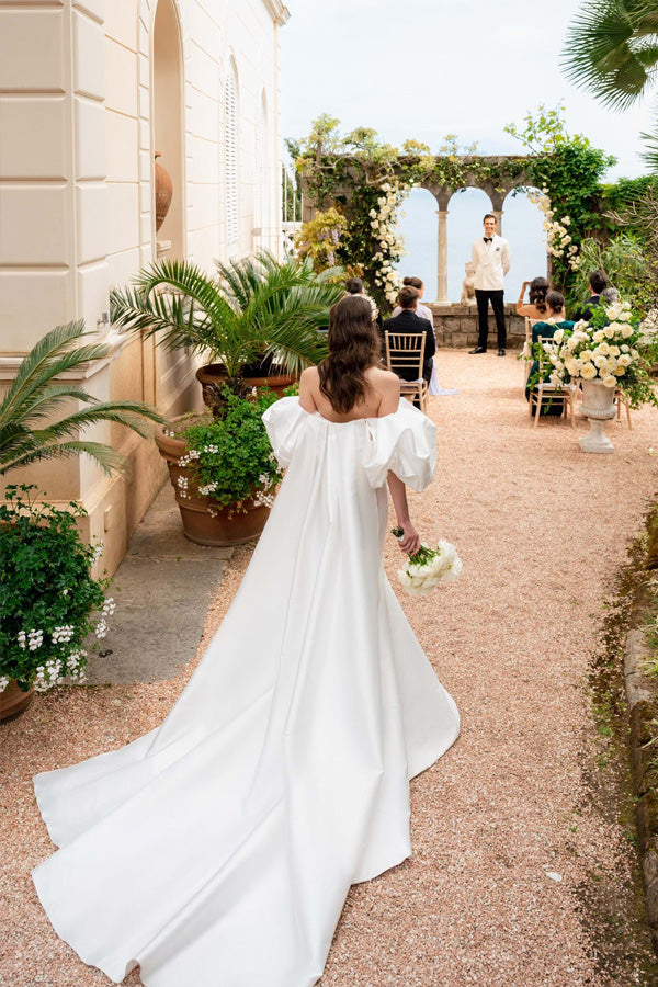 Satin Mermaid Off Shoulder Puff Sleeves Wedding Dress