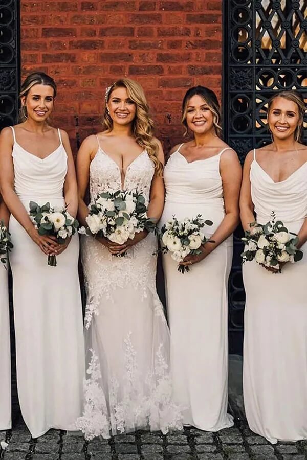Satin Sheath Spaghetti Straps Cowl Neck Long Bridesmaid Dresses