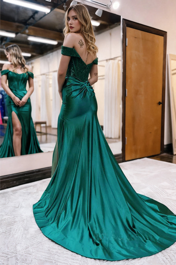 Satin Lace Mermaid Off Shoulder Long Prom Dress