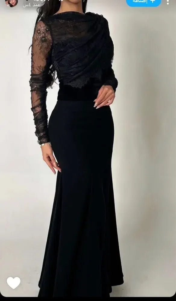 Saudi Arabia Black Women Evening Gowns Beads Floor Length Prom Dresses Long Sleeves Formal Wedding Cocktail Party Dress