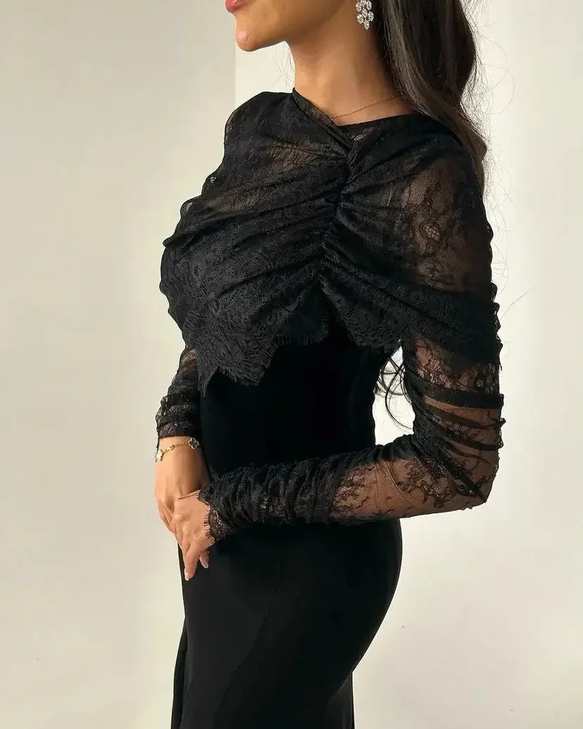 Saudi Arabia Black Women Evening Gowns Beads Floor Length Prom Dresses Long Sleeves Formal Wedding Cocktail Party Dress