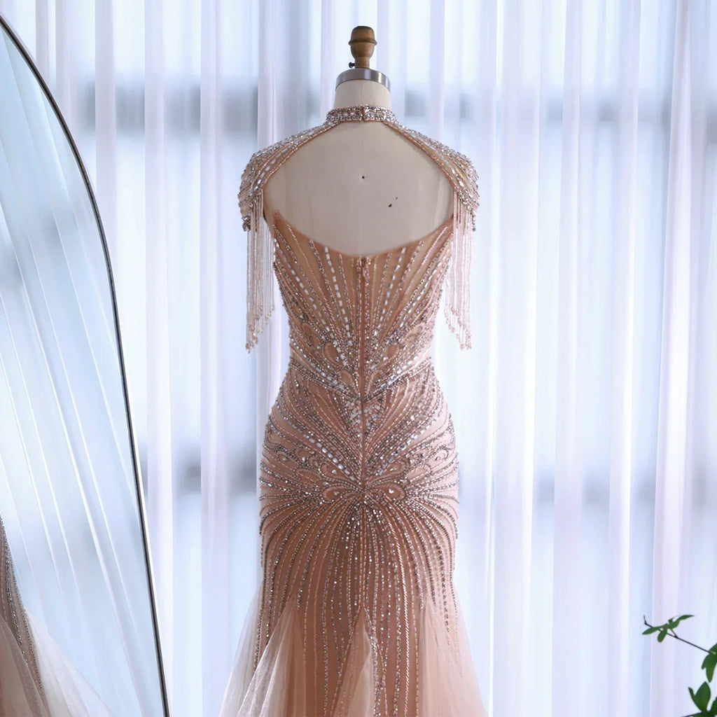 Luxury Dubai Beaded Blue Pink Evening Dress with Tassel Cape LA72897B