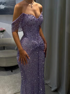 Cathy Customized Purple Luxury Rhinestones Mermaid Prom Dress Off The Shoulder vestidos de noiva Floor-length Formal Evening