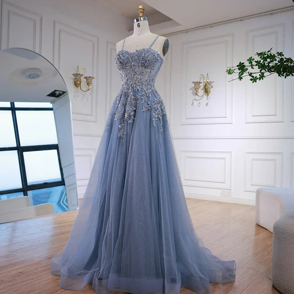 Luxury Gray Tulle A Line Prom Dress with Floral Appliques LA73015