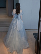2025 New Elegant Back Tulle Bow Trailing A-line Evening Dresses Sexy Off Shoulder Birthday Party Gown