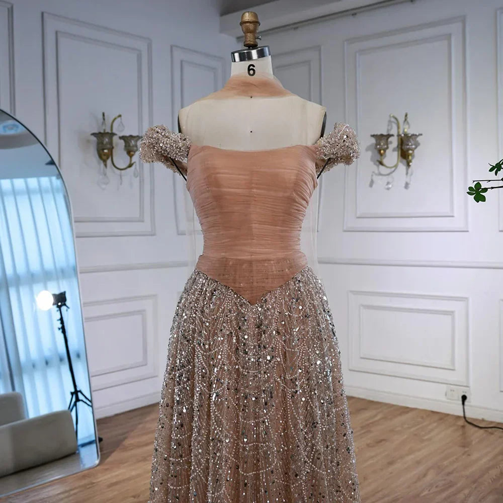 Luxury Arabic Pink Pearls Beaded Evening Dress With Cape LA72922