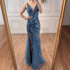 Luxury Blue Beaded Feather Mermaid Evening Dress LA73369