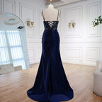 Classy Navy Satin Prom Dress with Lace Beaded and Slit LA73003