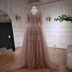 Elegant Beaded A-Line Evening Dress with Cape Sleeves LA73056