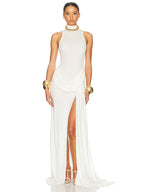 Blifanbo Turtleneck Off-shoulder Sleeveless Thigh Split High Waist Pleated Maxi Dress For Women Elegant Fashion Club Party Dress