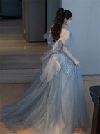 2025 New Elegant Back Tulle Bow Trailing A-line Evening Dresses Sexy Off Shoulder Birthday Party Gown