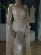 Luxury Feather One Shoulder Evening Dress with Cape Sleeves LA72763