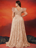 BLUEPLUM Plus Size Luxury V-Neck Grey Sequins Evening Dress Women Elegant V-back Wedding Party Long Prom Cocktail Dress Gowns