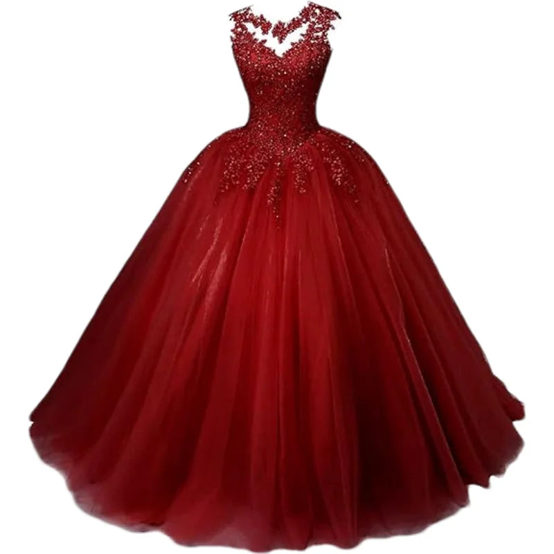Customized Women's Beaded Lace Appliques Prom Dress Long Ball Gown Quinceanera Dresses Tulle Formal Sweet 16 Dress for Teens