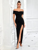 Black Off-Shoulder High Slit Maxi Dress for Evening Party Formal Occasion